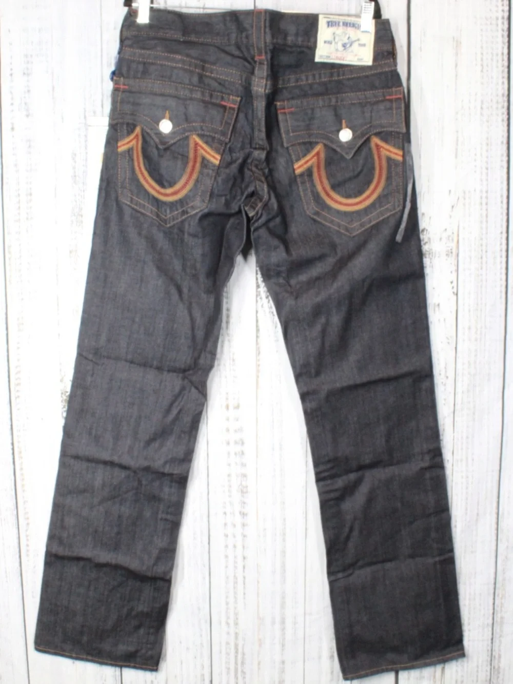 NWT True Religion Straight Flap Jeans Sunset Logo Orange Red Stitch Mens Size 33